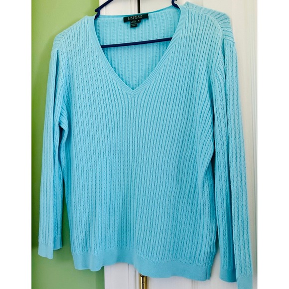Lauren Ralph Lauren Sweaters - Lauren Ralph Lauren Turquoise Blue Cable Knit V-Neck Cotton Sweater Womens M